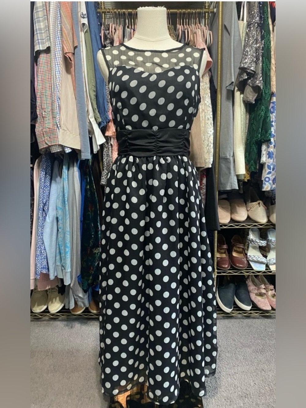 Lindy Bop Vintage Style Polka Dot Illusion Mesh Midi Swing Dress Black White